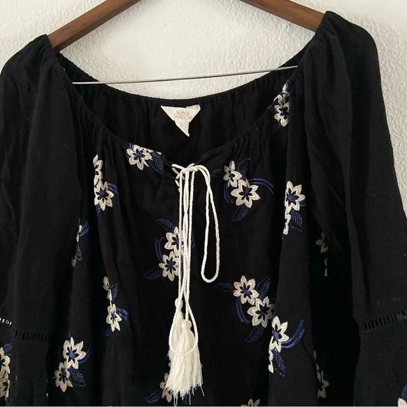 Sun Shadow Embroidered Blouse Boho Chic Festival Large Bohemian Floral Tie Neck - Picture 2 of 7